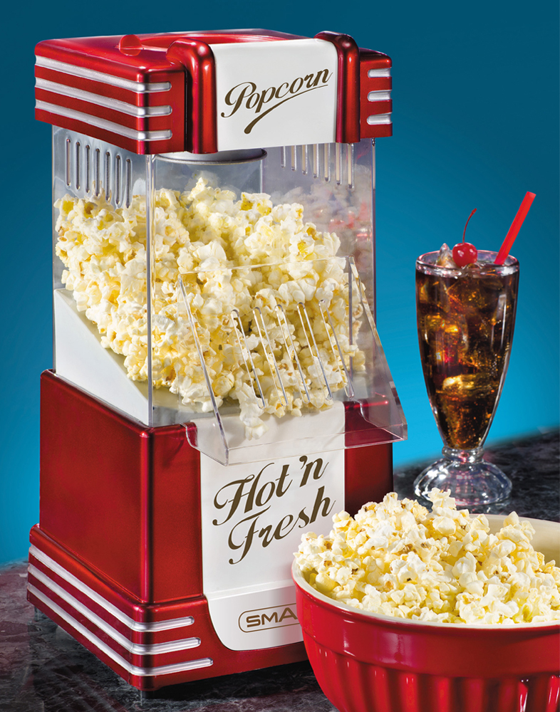 Nostalgia Table-Top Hot Air Popcorn Machine with Measuring Cap, 12 Cup,  White/Red